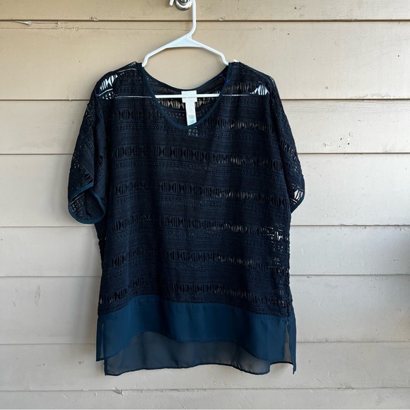 CHICO'S Black Open Knit Short Sleeve Blouse Size 2 (Large) - Picture 1 of 6